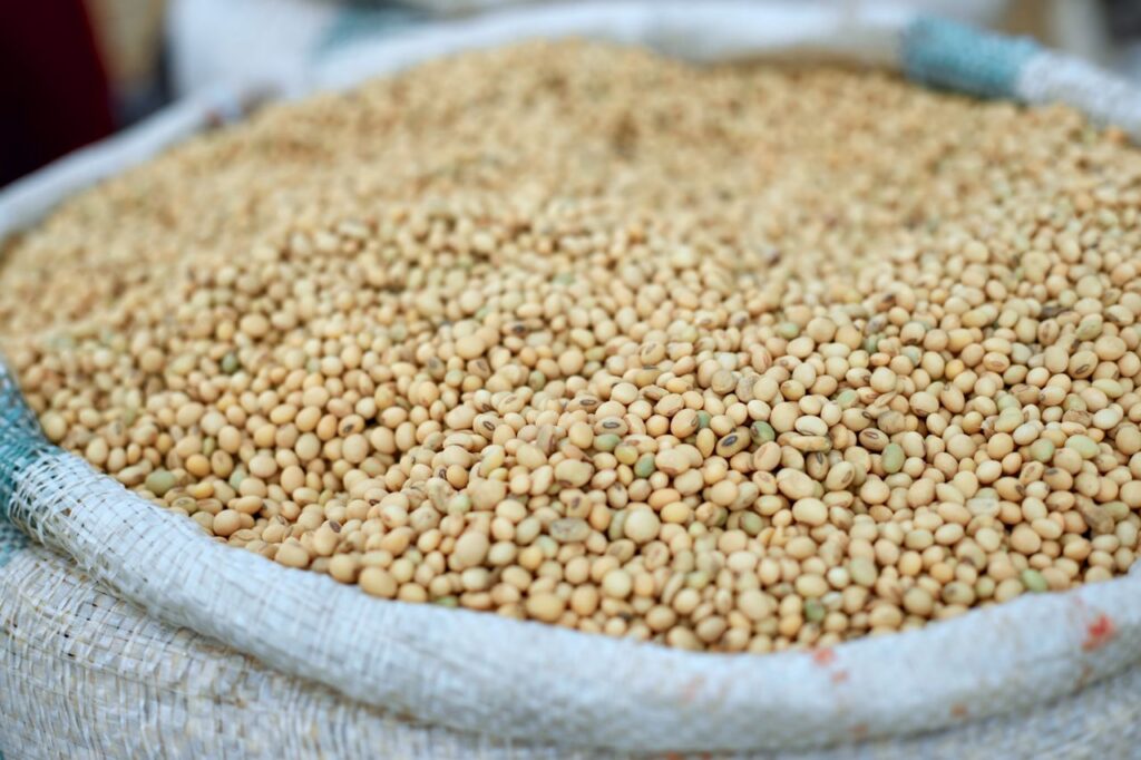 Bulk soybeans in a bag for sale at an outdoor market, emphasizing agricultural produce.